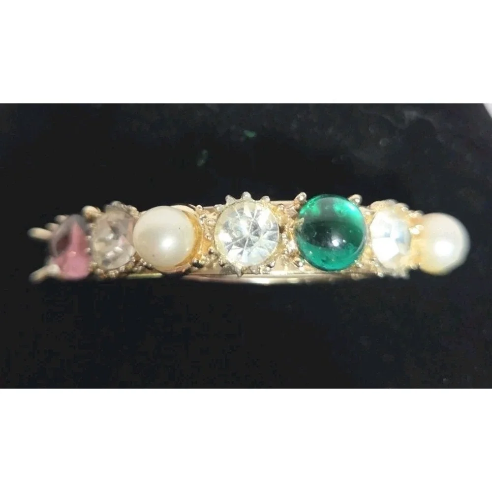 Gold Tone Crescent Moon Brooch Pin Faux Pearls Green Pink Clear Rhinestones